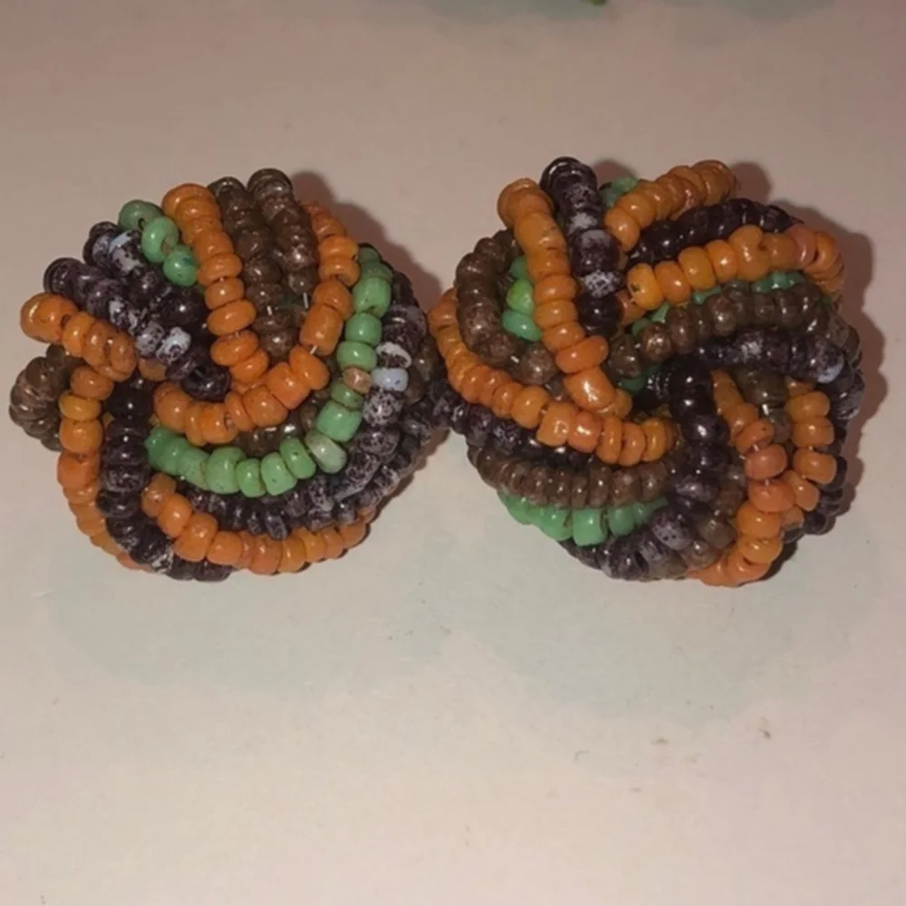 Vintage Round Seed Bead Neutral Tone Beaded Clip On Earrings